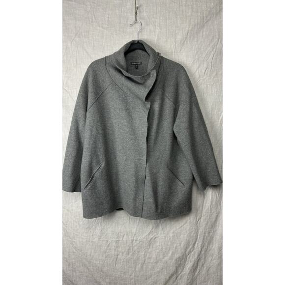 Eileen Fisher Wool Jacket Medium Grey Cowl Button Up Pockets Oversize - Picture 1 of 9